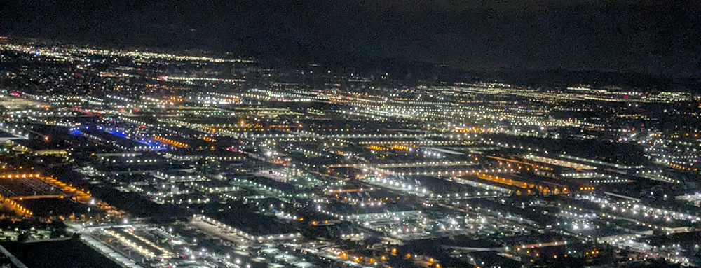 view from a landing airplane at night